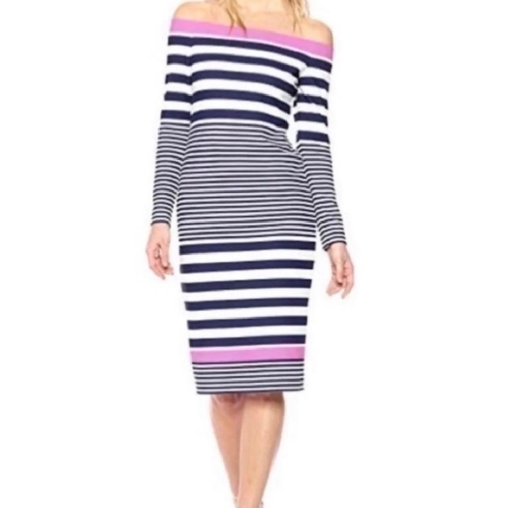 Eliza J Off The Shoulder Midi Dress Blue White Pink Stripe Size 4